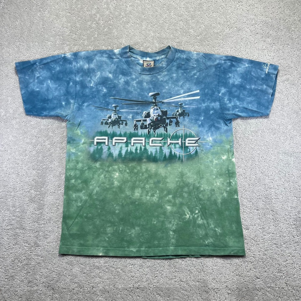 Liquid Blue Apache T-Shirt Mens XL Blue Green Tie Dye Boeing Helicopter 90s